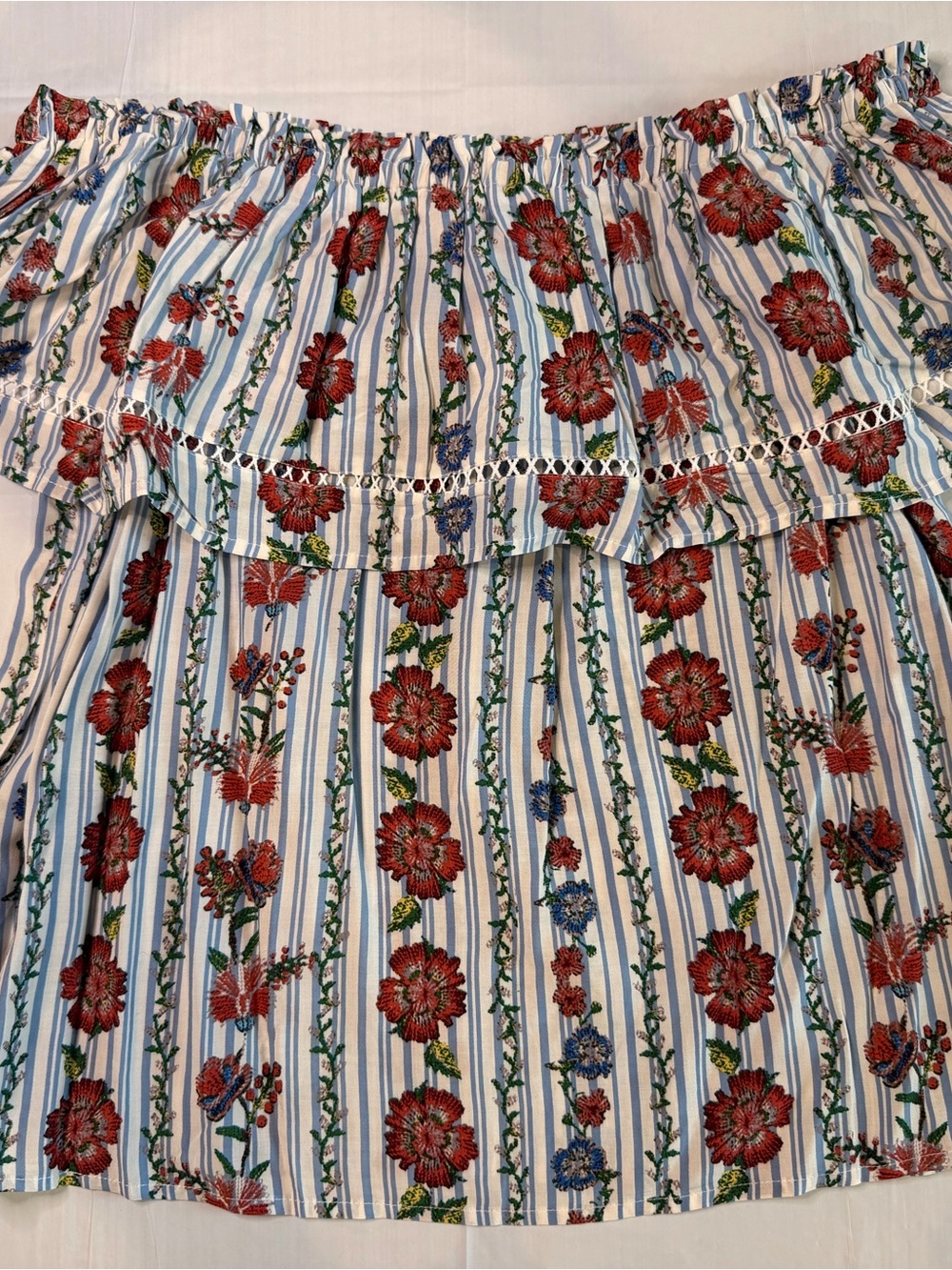 Miss Me Large Floral Stripe Off Shoulder Ruffle Blouse Boho Peasant Top